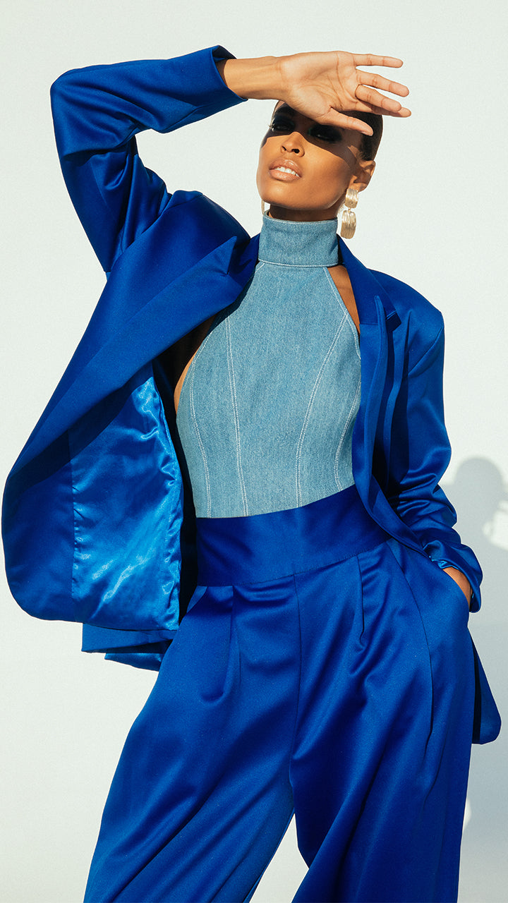 The Satin Power Blazer in Cobalt