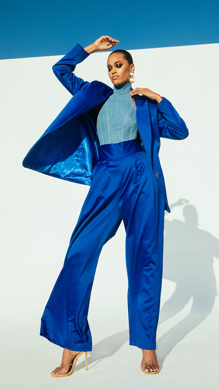 The Satin Power Blazer in Cobalt