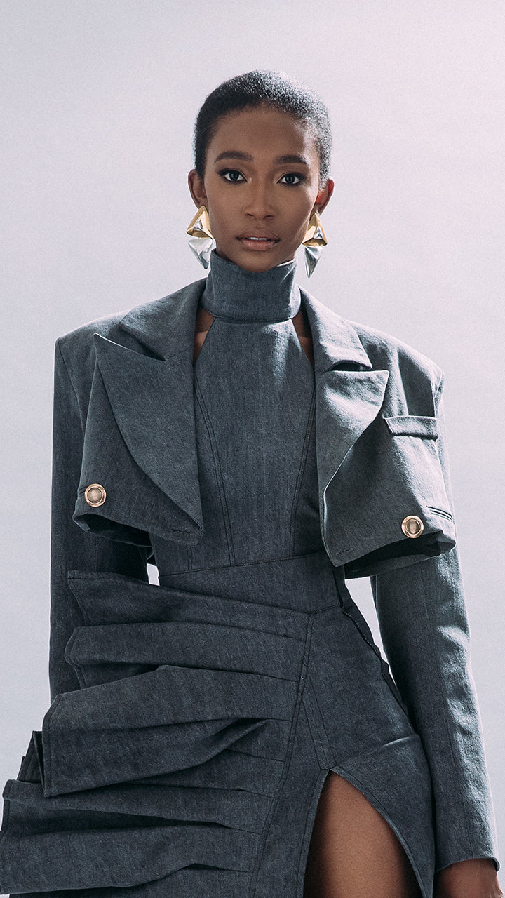 The Denim Cropped Blazer in Grey