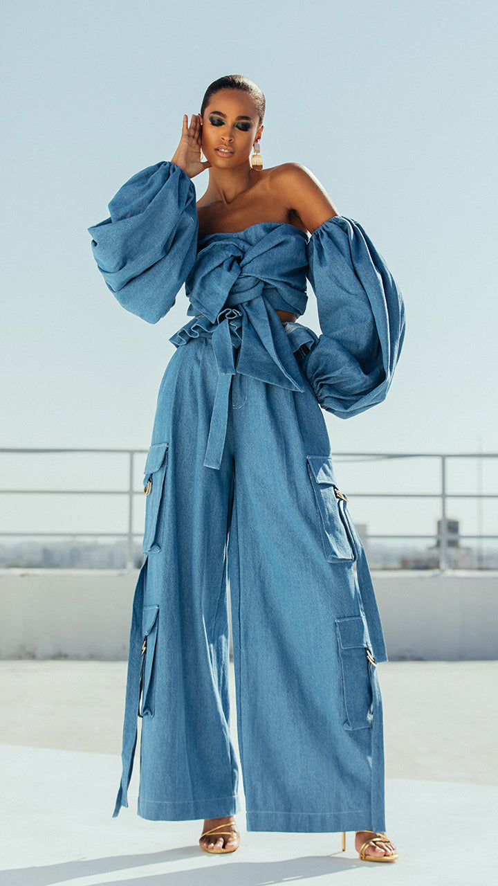 The Denim Ruffle Cargo Pant in Light Blue