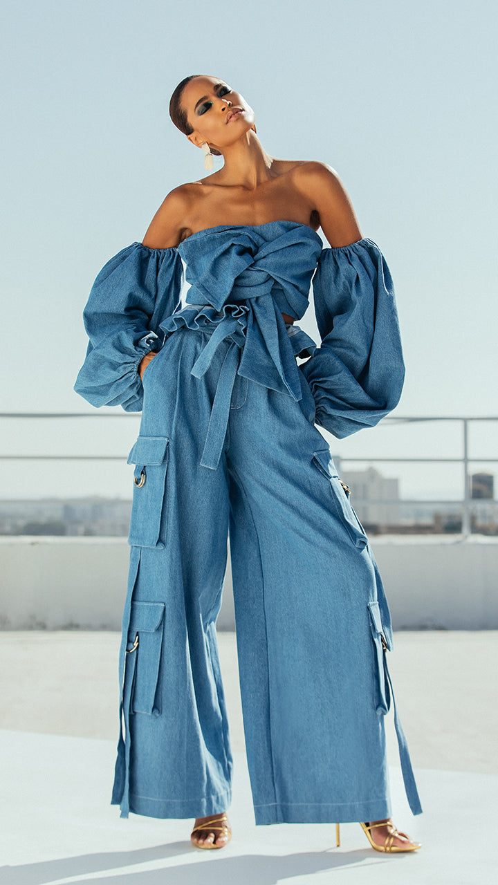 The Denim Ruffle Cargo Pant in Light Blue