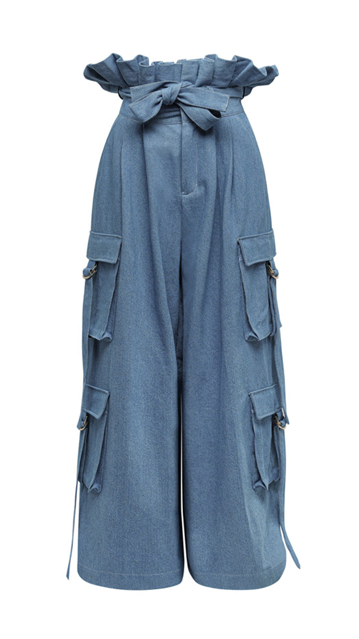 The Denim Ruffle Cargo Pant in Light Blue