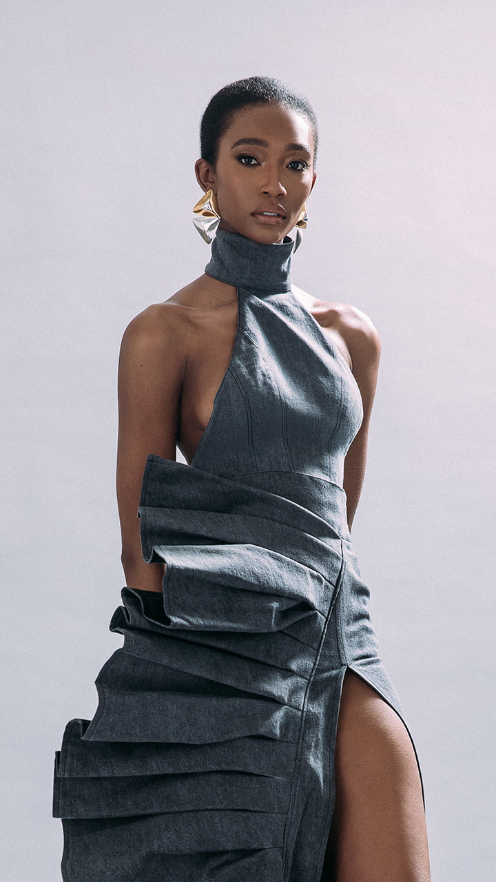The Denim High Neck Halter Top in Grey
