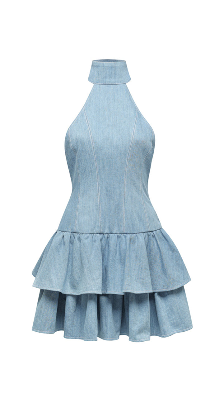 Denim High Neck Mini Dress in Light Blue