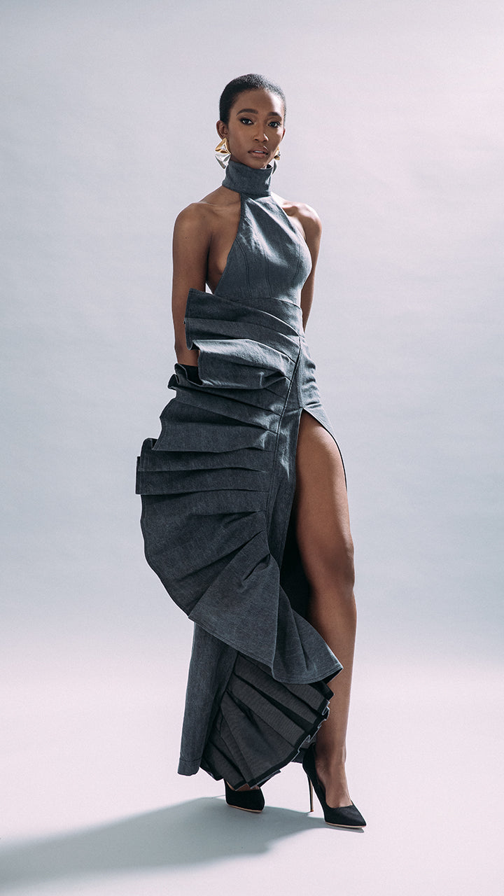 The Denim High Neck Halter Top in Grey