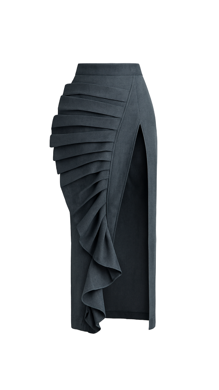 Denim Fan Maxi Skirt in Grey