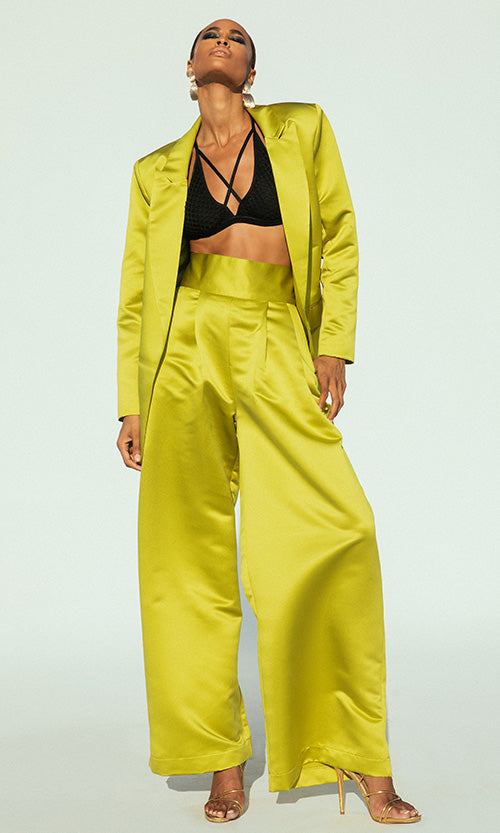 Citron Satin Wide Leg Trouser