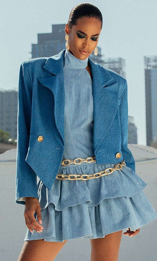 Denim Asymetrical Cropped Blazer