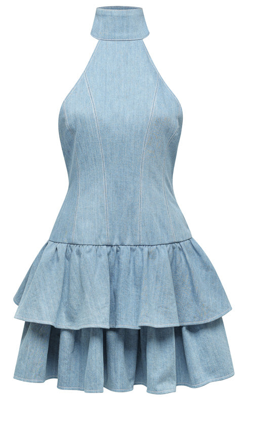 Denim Ruffle Halter Dress
