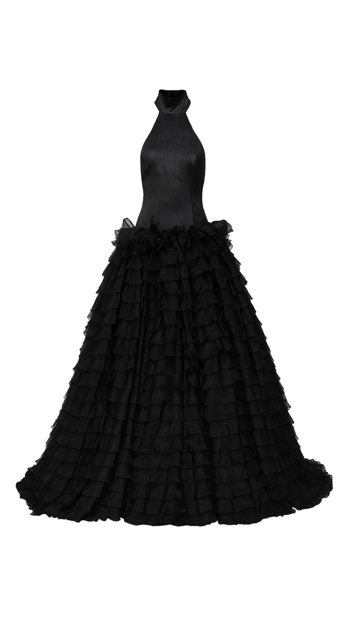 High Neck Ruffle Gown in Black